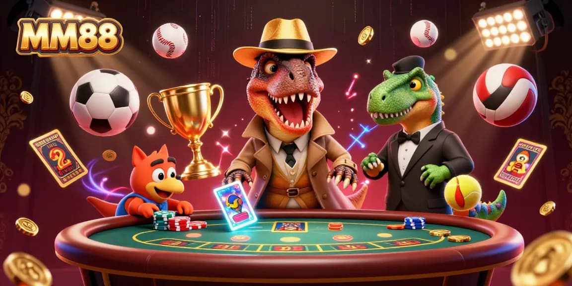 Experience thrilling blackjack action with MM88 as a velociraptor card counter amidst flying sports elements.