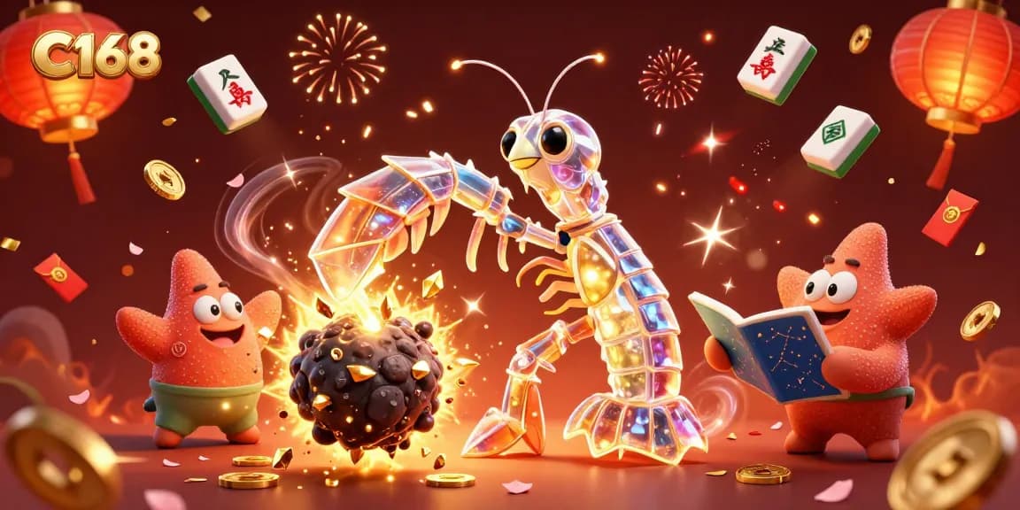 C168 players engage with vibrant slots and casino games, surrounded by golden gems and festive decorations.