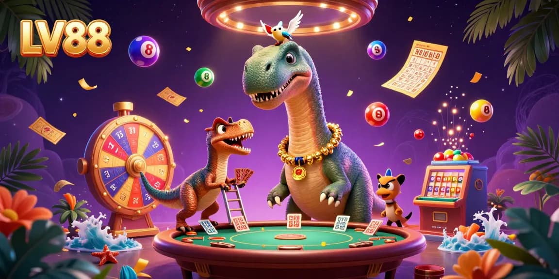 Experience the vibrant LV88 casino atmosphere with a fun 3D dinosaur poker scene.