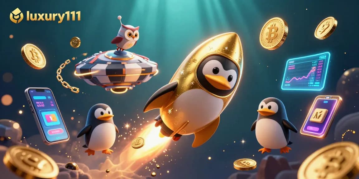 Experience luxury111 with a thrilling rocket-powered penguin chasing coins at the casino station in space.