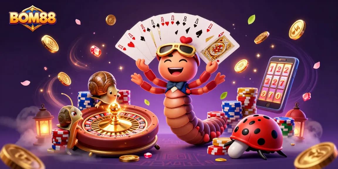 BOM88 casino action with a charming millipede dealer and vibrant slots in a lively scene.