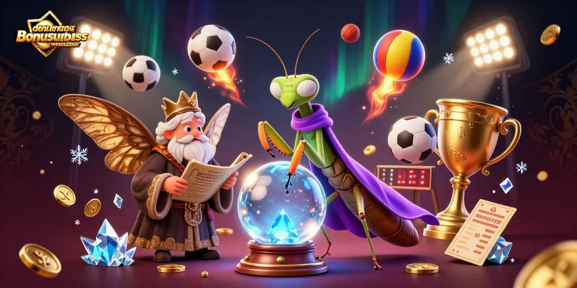 Experience denemebonusuverensiteler with a vibrant 3D illustration of a fortune teller next to a librarian amidst dynamic sports elements.
