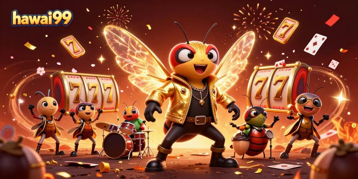 Join the excitement at hawai99 with vibrant casino characters celebrating with flying slot reels.