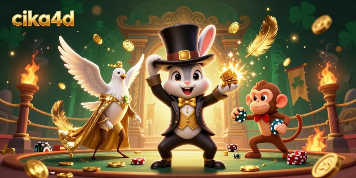 Engage in thrilling gameplay at cika4d with magical scenes featuring a magician rabbit, dove, and monkey in action!
