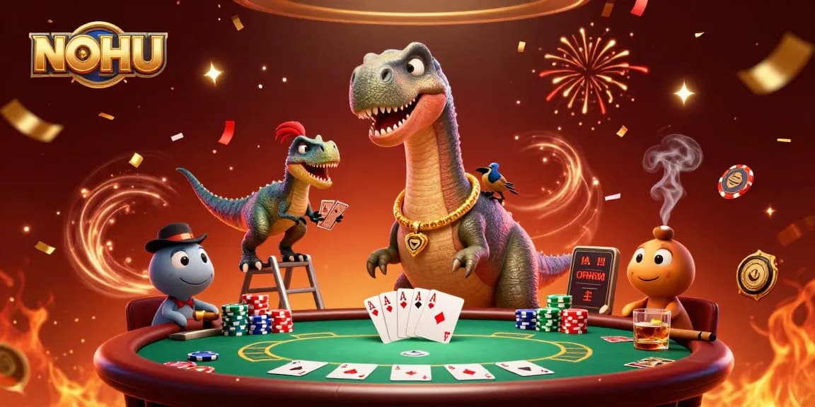 NoHU casino illustration with a majestic brontosaurus and clever raptor dealing cards in an atmospheric setting.