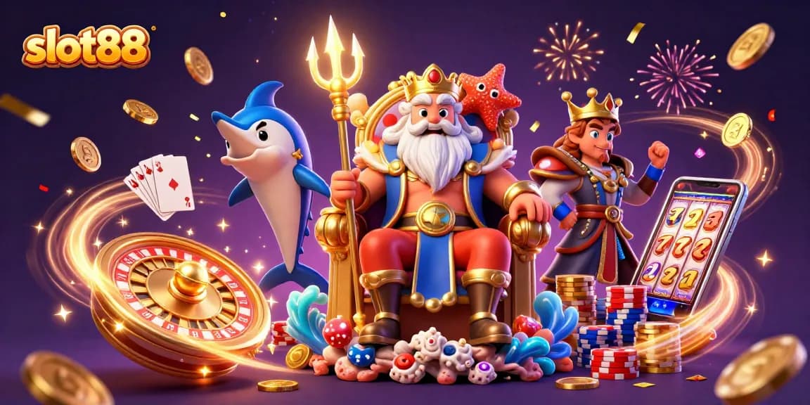 Experience excitement with slot88 as Neptune and his samurai guard amidst dazzling games and coins.