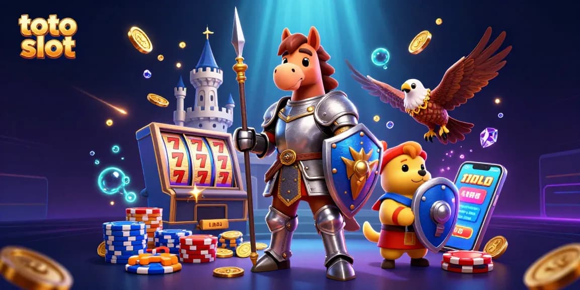 Spin the reels of the toto slot as golden coins cascade around a knight and puppy in an enchanting casino world.