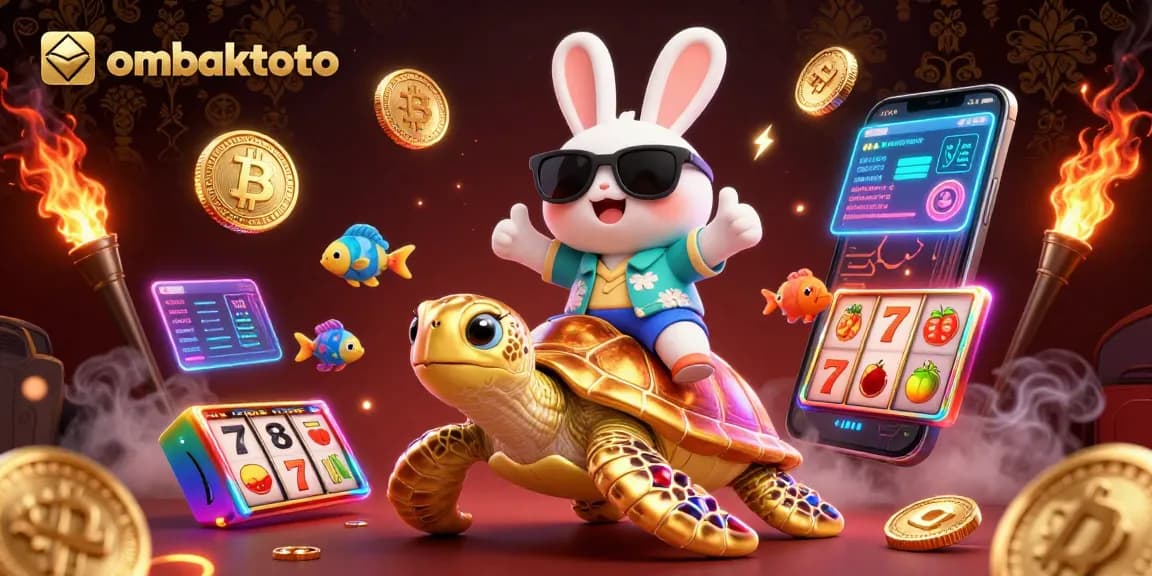 Play exciting slots with ombaktoto as adorable characters celebrate winnings surrounded by colorful casino elements.