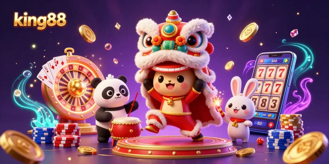 Experience thrilling gaming at king88 with a lively lion dance, poker chips, and golden coins.