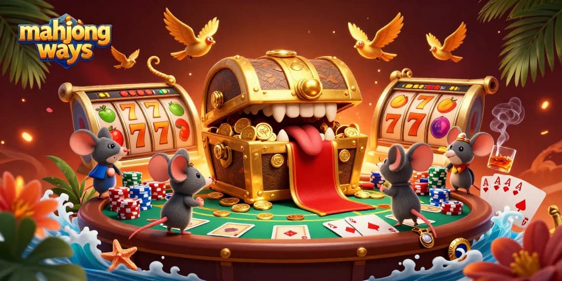 Spin the reels of mahjong ways in this vibrant 3D illustration filled with gold coins and poker elements.