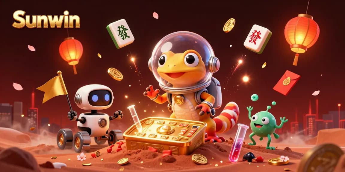 Engage with Sunwin's vibrant alien casino adventure featuring a gecko and robot amidst gold and festive elements.