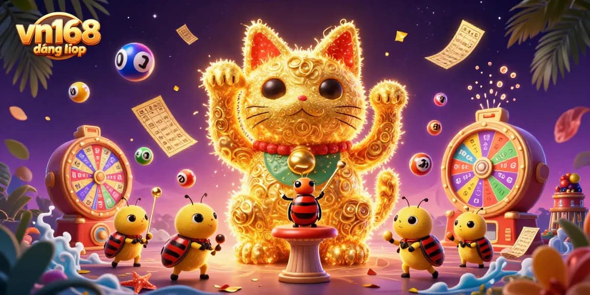 Experience thrilling gameplay at vn168 đăng nhập with vibrant lottery elements and a dancing lucky cat.