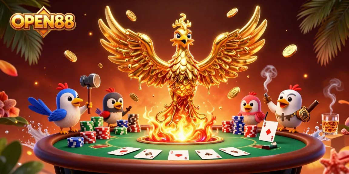 Engage in thrilling gameplay at OPEN88, where golden phoenix signifies prosperity amidst poker elements.