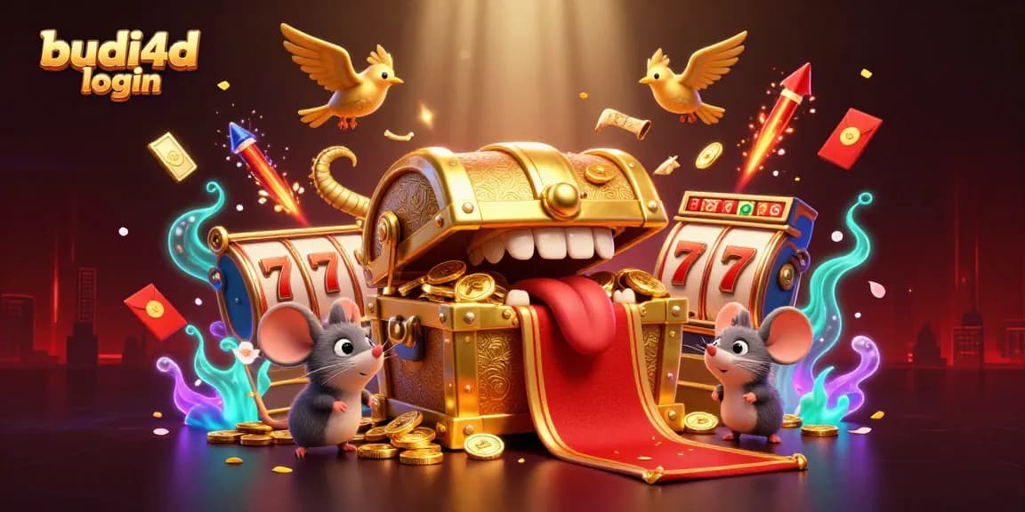 Engage with budi4d login for thrilling slot games, featuring a vibrant treasure chest and spinning reels.