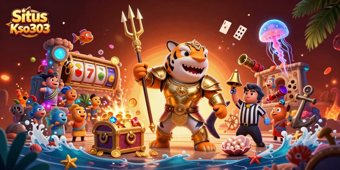 Situs Kso303 menampilkan hiu kartun garang bertarung di arena slot dengan aksesori berkilauan