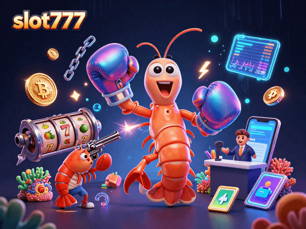 Slot777 menampilkan ilustrasi penuh warna slot bertema kasino dengan karakter 3D