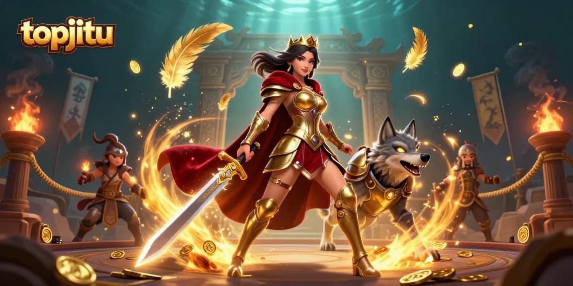 Experience the thrill of gaming with topjitu's dynamic casino scene featuring a warrior queen and glowing wolf.