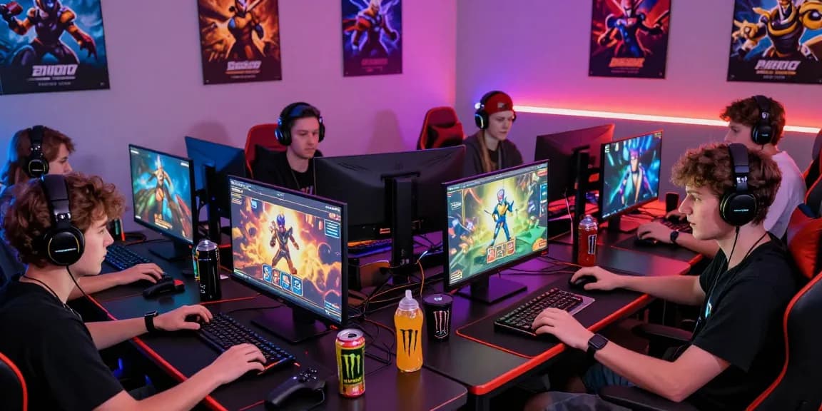 Group of gamers enjoying game bài đổi thưởng session in a vibrant gaming room, filled with energy and excitement.