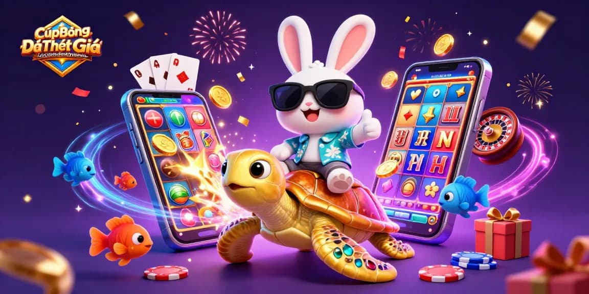 CúpBóngĐáThếGiớiCácượcbóngđánữứngdụng showcases a lucky rabbit and sea turtle in a dynamic gambling scene.