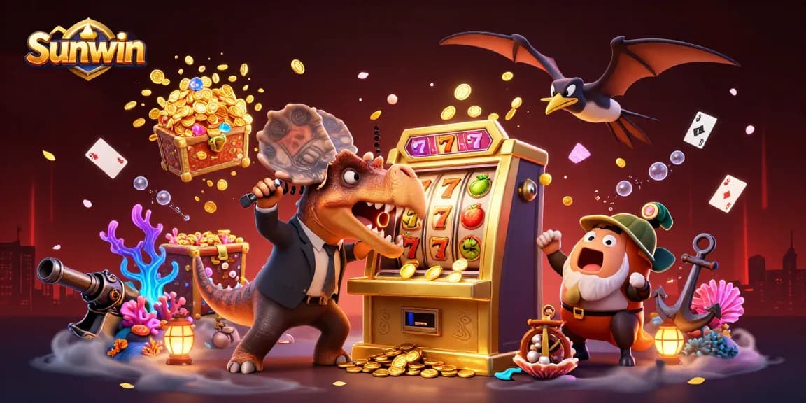 Sunwin showcases an exciting casino scene with a pachycephalosaurus celebrating jackpot wins at a colorful slot machine.