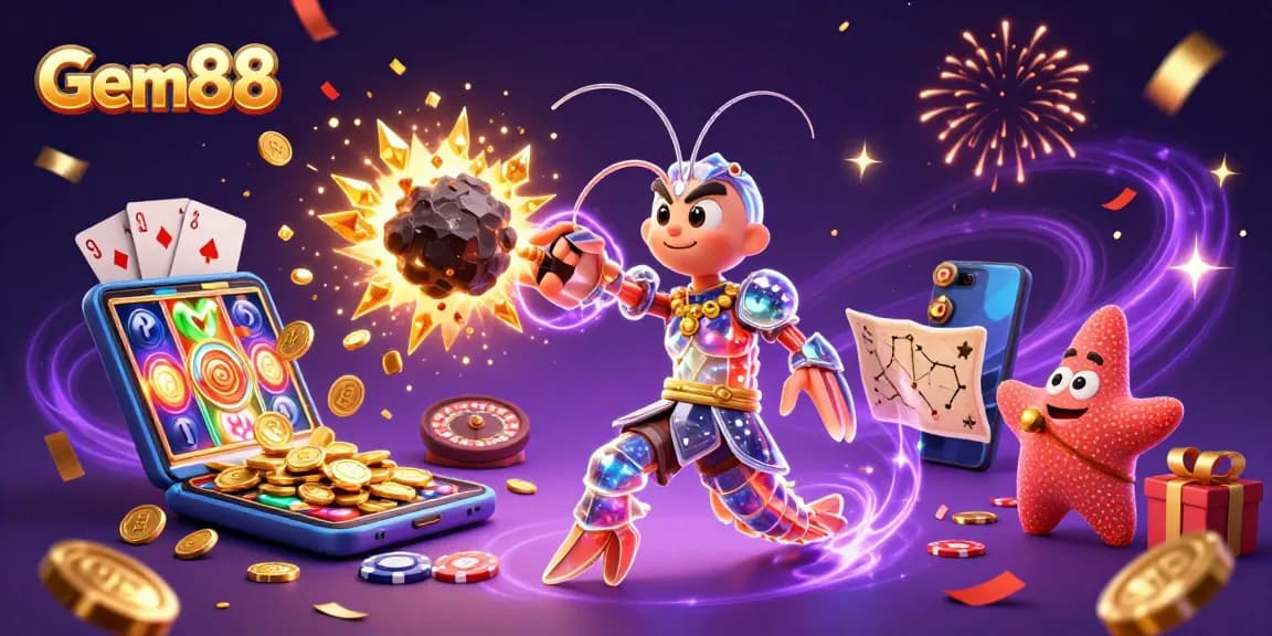 Gem88 showcases a dynamic scene featuring a galactic samurai mantis shrimp amidst exploding gems and slots.