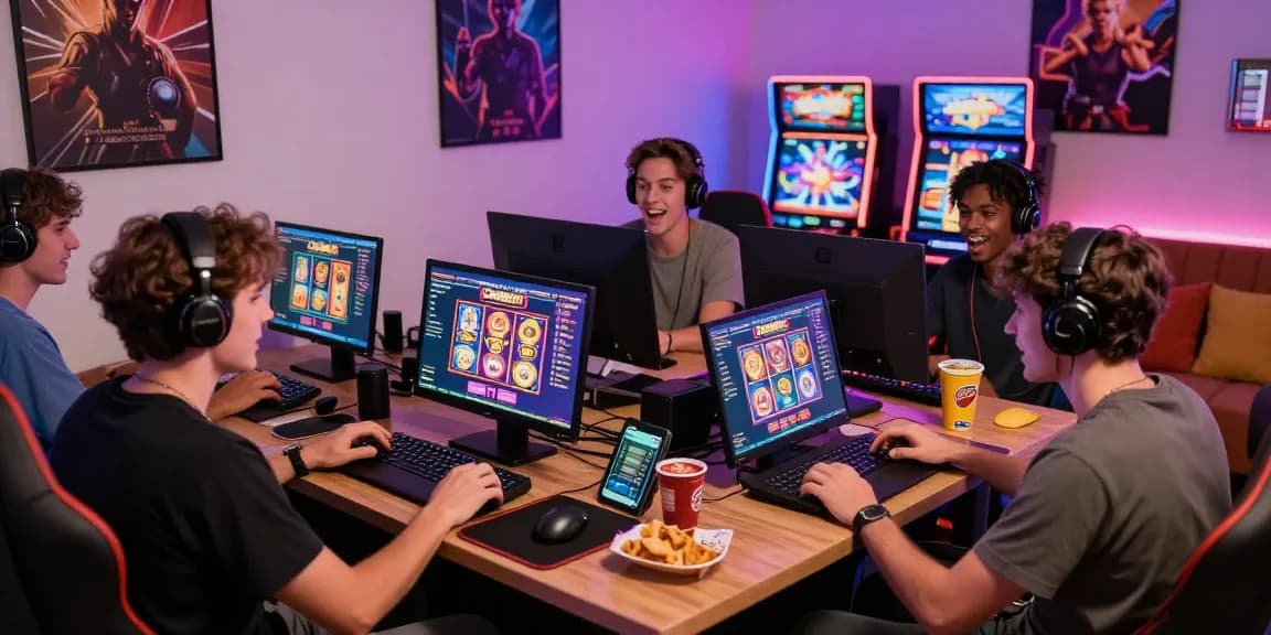 Engaging dynamic scene of players enjoying Login Cemeslot Resmi with vibrant slot machines and modern gaming setup.