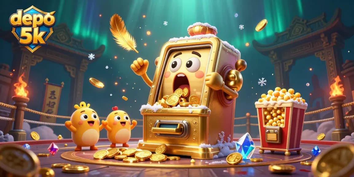 Slot 5k gacor dengan deposit kecil, merayakan kemenangan jackpot dalam ilustrasi penuh warna.