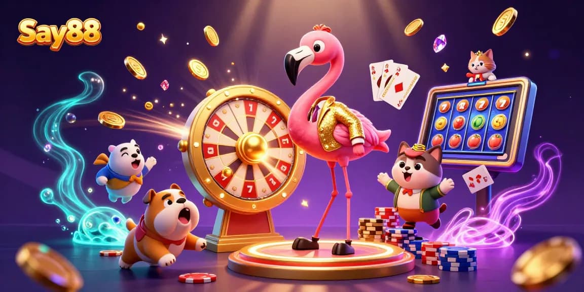 Engage in thrilling gameplay at Say88 with an energetic scene featuring a flamingo host, bulldog contestant, and dynamic prize wheel.