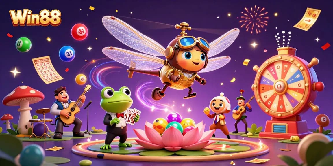 Win88 gaming experience featuring a dragonfly pilot and frog croupier in vibrant casino scene.