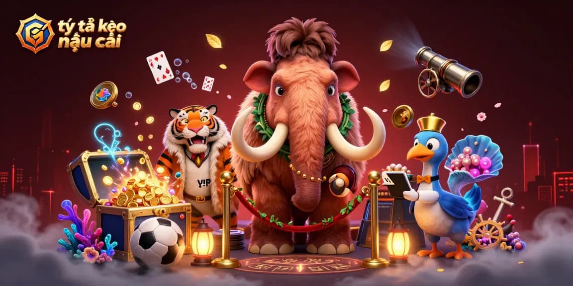 Engaging scene showcasing tỷ lệ kèo nhà cái with a woolly mammoth bouncer, saber-tooth tiger VIP, and sports betting elements.