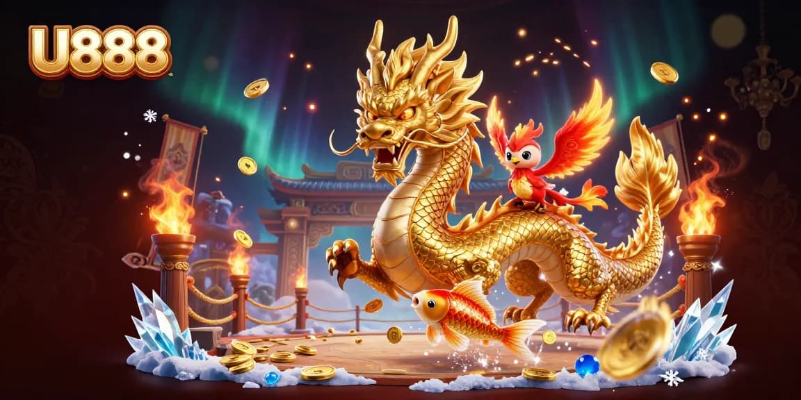 U888 showcases a vibrant 3D illustration of a golden dragon and phoenix amid casino elements, capturing exciting gaming energy.