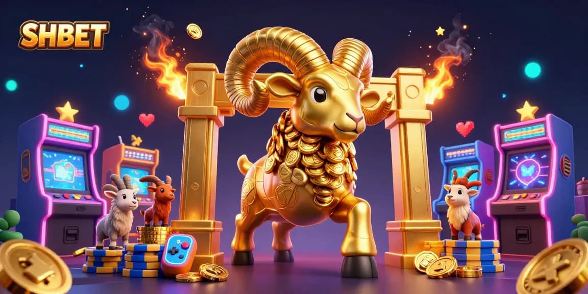 Engage in thrilling games at SHBET, showcasing a dynamic golden ram charging through a casino-themed landscape.