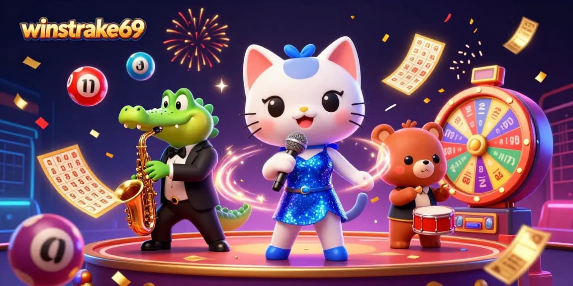Enter the world of winstrike69 as a jazz-singer cat, sax crocodile, and drumming bear unite in a vibrant casino scene.