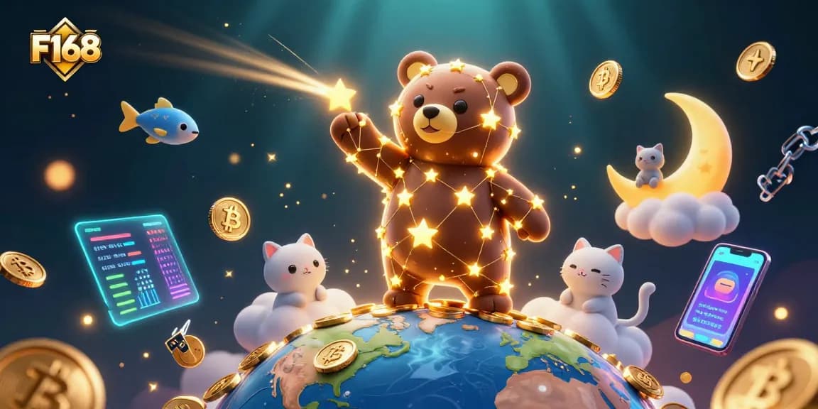 Engage with F168's thrilling casino adventure as a constellation bear scoops coins amidst vibrant digital elements.
