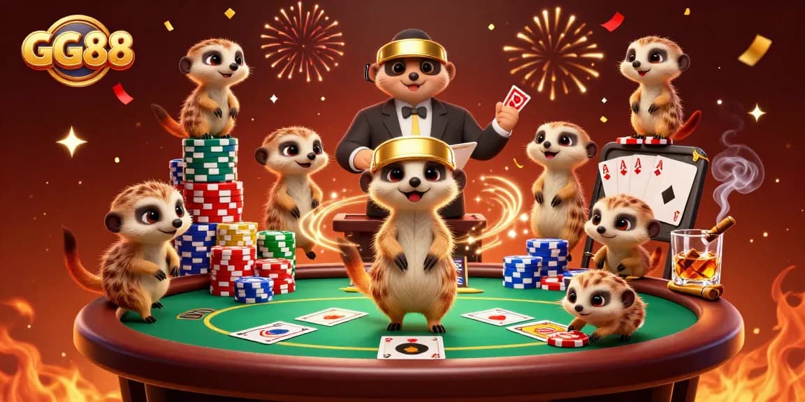 Experience thrilling action at GG88 with lively meerkats inside a bustling casino scene.