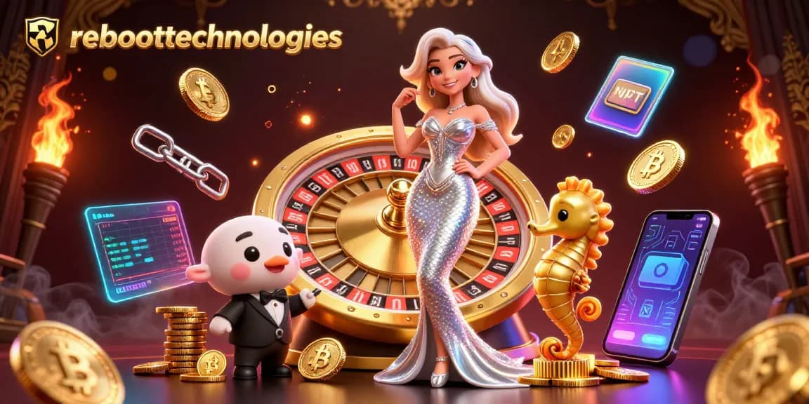 Engage with reboottechnologies at a vivid casino scene showcasing roulette, crypto coins, and playful characters.