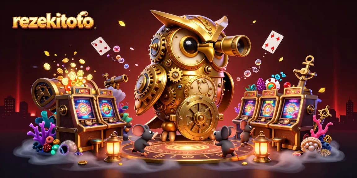 Engage in thrilling bets at rezekitoto with vibrant casino elements and a golden owl surveying the fun.