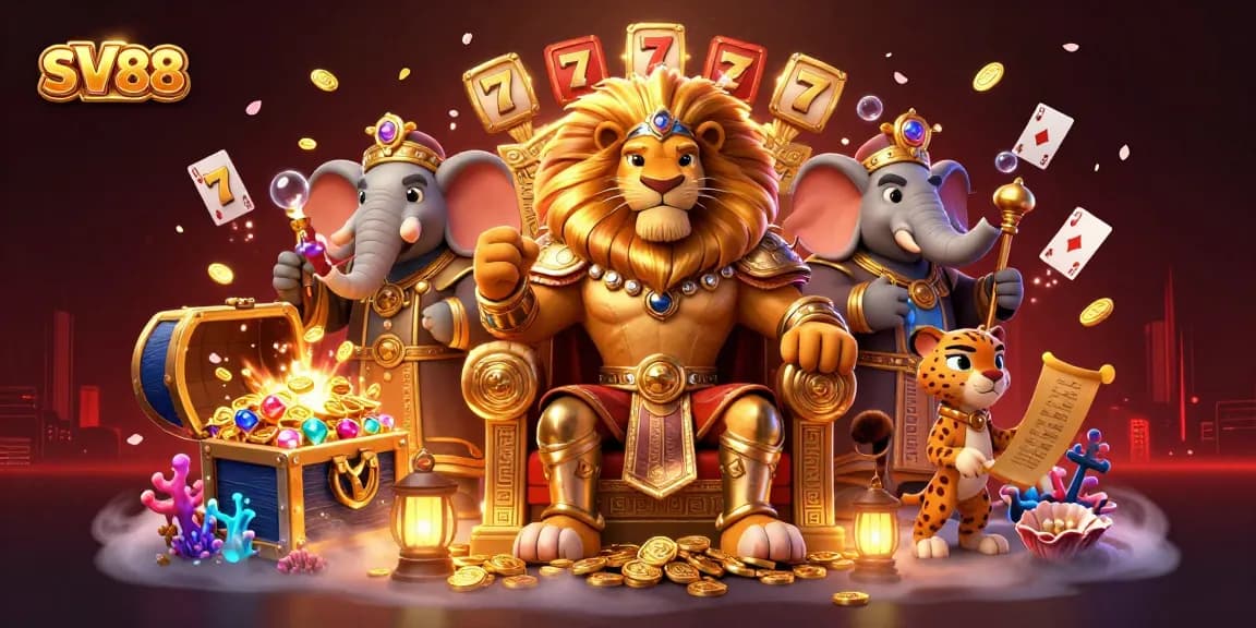 SV88 themed slot game featuring majestic lion king, elephant advisor and cheetah messenger among rich casino elements.