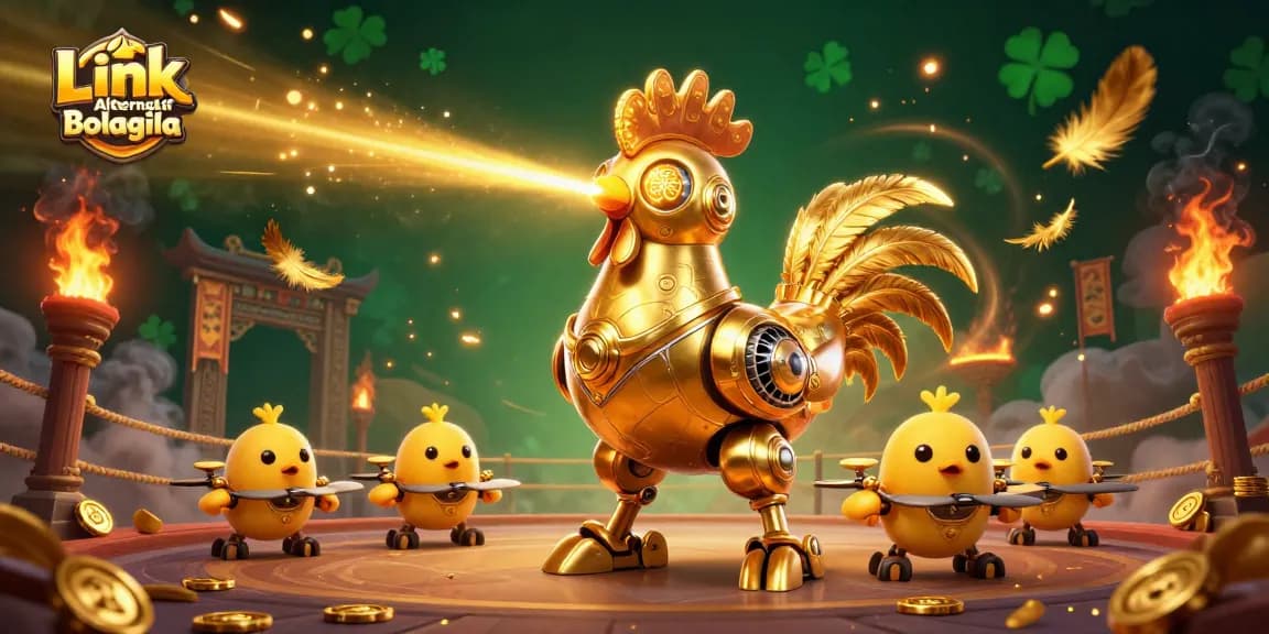 Memenangkan permainan dengan Link Alternatif Bolagila dan robot ayam emas futuristik yang mengukir pola emas.