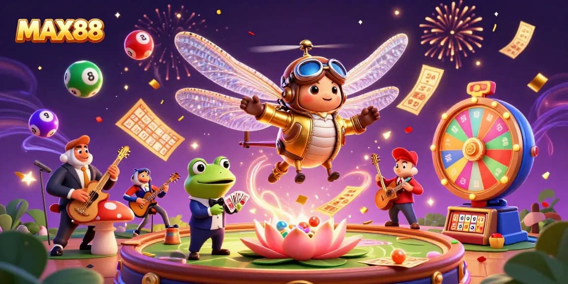 Engage in thrilling MAX88 games with vibrant lottery balls and a lively casino scene.