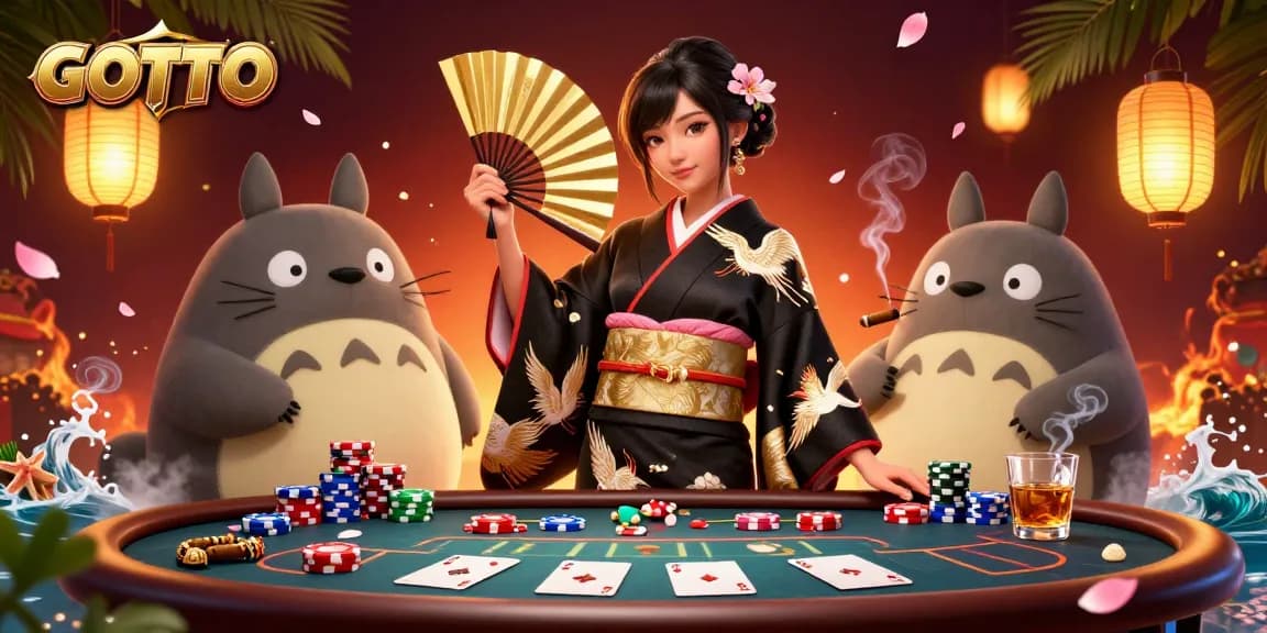 Rasakan kegembiraan di GOTOTO dengan karakter 3D dikelilingi oleh elemen poker yang semarak.