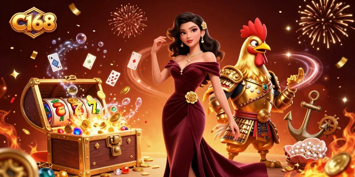 C168 showcases a glamorous scene with a woman and rooster warrior amidst a vibrant casino-themed celebration.