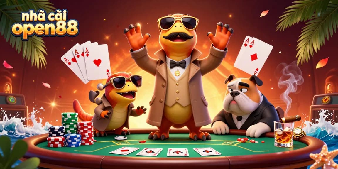 Experience excitement with nhà cái open88 in a playful 3D casino scene featuring raptors and poker elements.