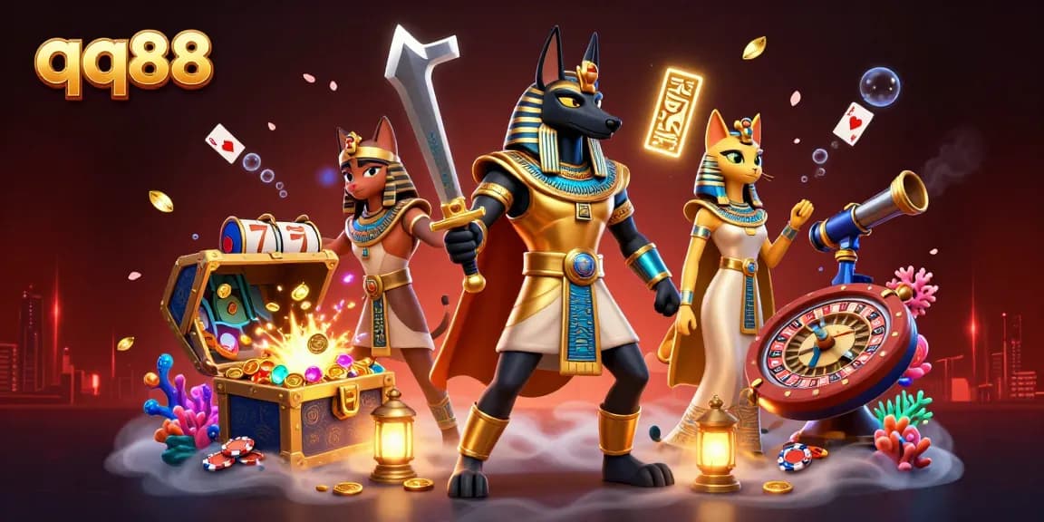 Experience thrilling gameplay at qq88 with Anubis and Bastet amidst a vibrant casino scene.