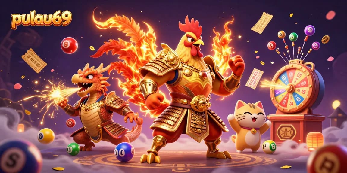 Experience pulau69's thrilling action with a fighting rooster, dragon, and vibrant gambling elements.