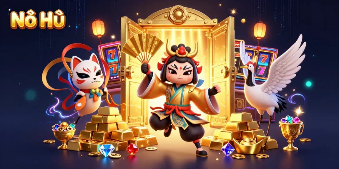 Nổ Hũ players spin slot machines alongside a kabuki warrior and theatrical kitsune in a vibrant 3D casino.