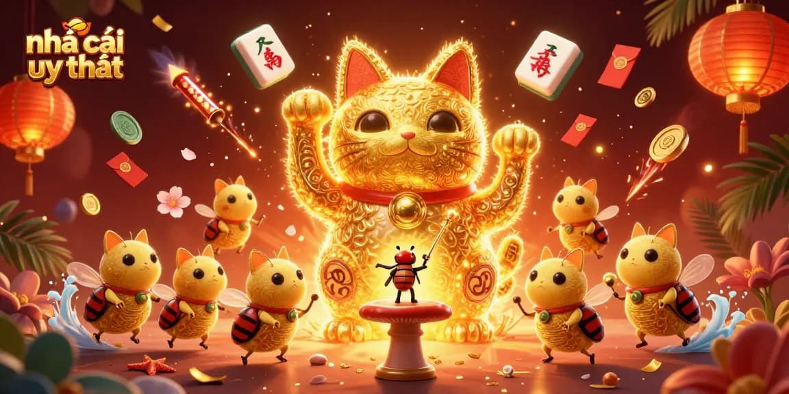 Experience the charm of nhà cái uy tín with a vibrant scene featuring a lucky cat and casino symbols.