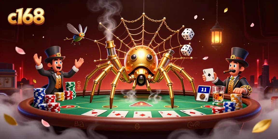 Witness thrilling gaming action with c168 as a golden spider ensnares dice amidst vibrant poker elements.