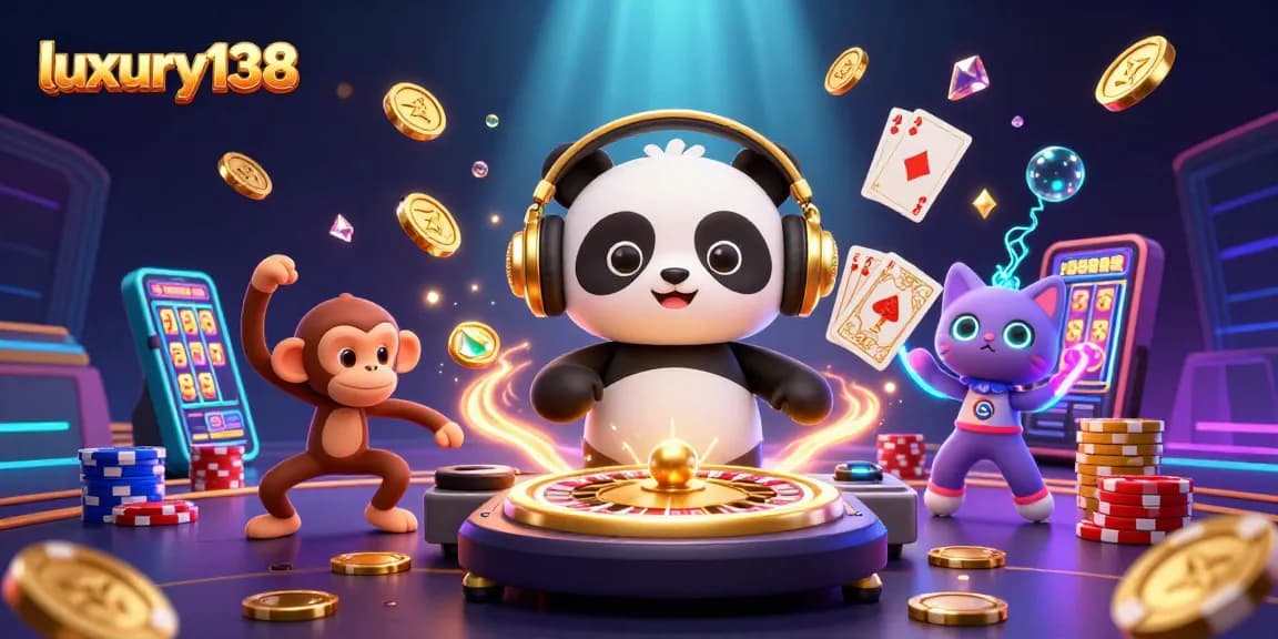 Play exciting games at luxury138 with a DJ panda, breakdancing monkey, and rave kitten in a lively casino scene.