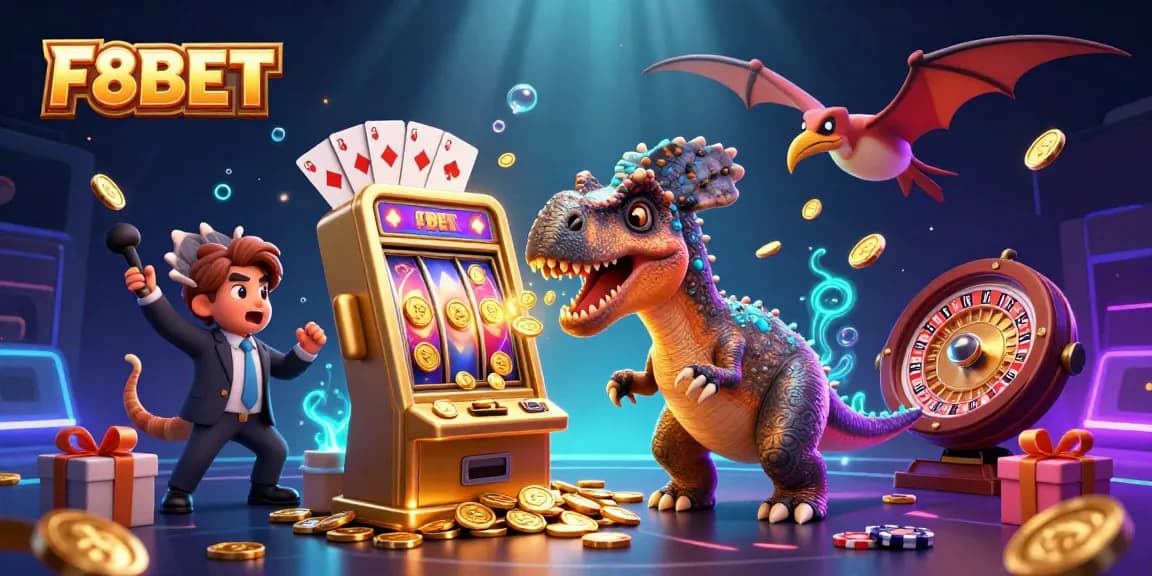 F8BET features a 3D pachycephalosaurus winning jackpot coins, showcasing vibrant casino action.